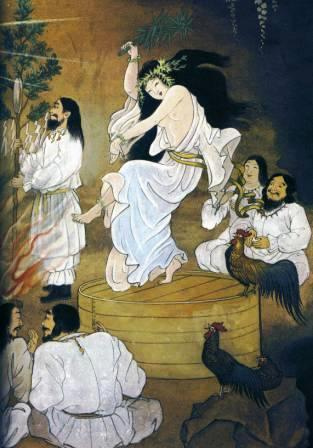 It can be seen in this illustration that Ame-no-Uzume dances joyfully in hopes of bringing Amaterasu out of the cave. In the midst of her vivacious performance, Kami are laughing at how lively and joyful she is.