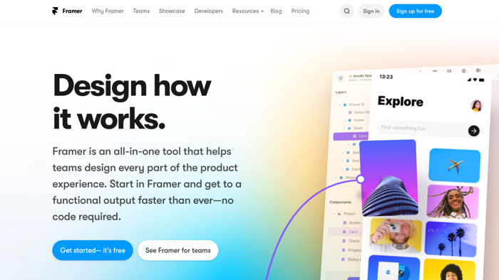Framer X all-in-one tool allowing teams to design mockup and wireframes with 'Design how it works' title landing page