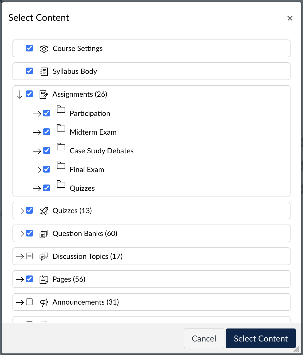 Screenshot of the expandable list that allows the instructor to select specific items to import while de-selecting others, such as Announcements from last year. In the bottom right corner is a 'Select Content' button.