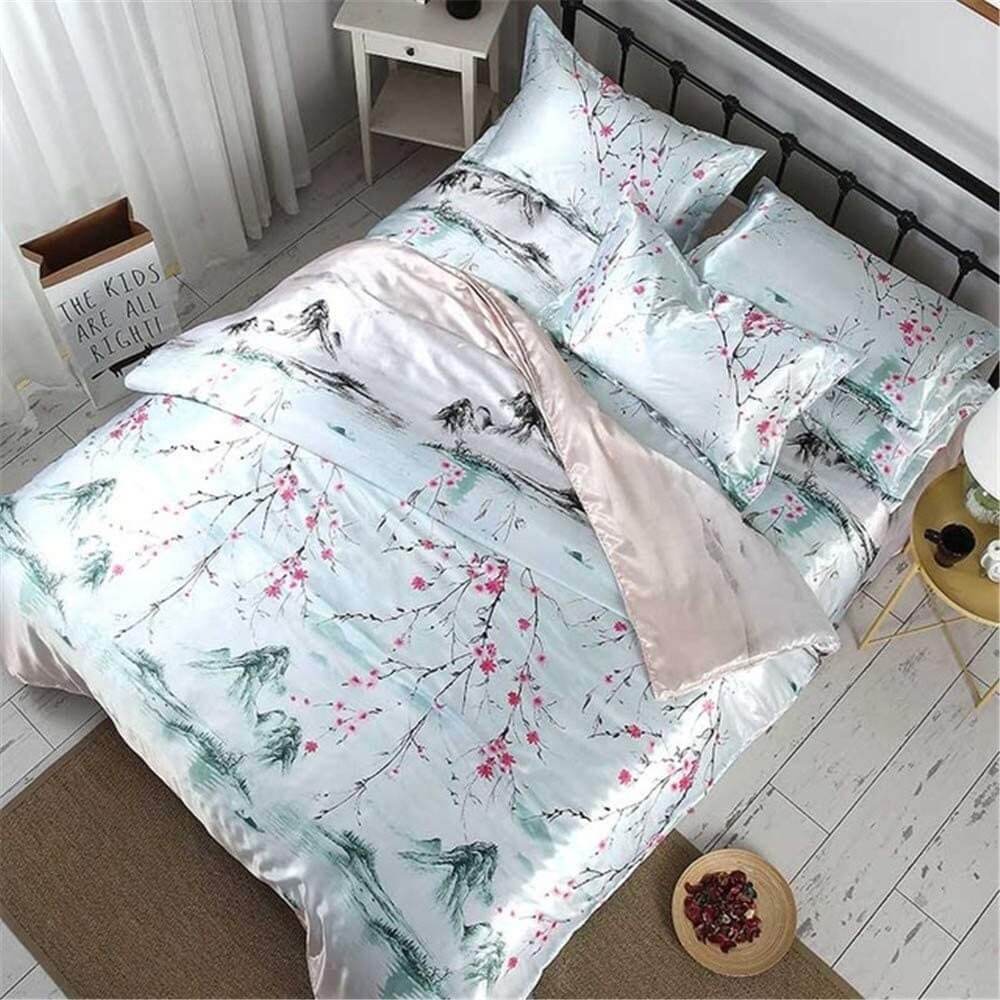Bộ drap giường phi lụa màu xanh ngọc họa bức tranh thủy mặc