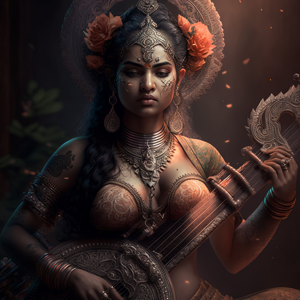 In this image, Saraswati is wearing an orange sari and holds a veena in her arms. The goddess has orange blossoms in her hair and has on intricate jewelry. 