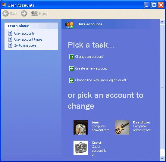 User Account window