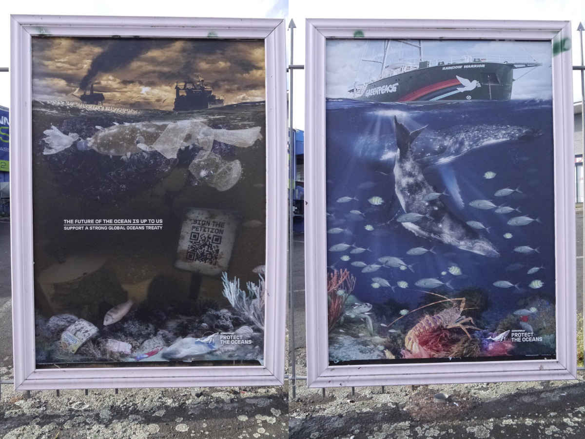 Two street posters next to each other, the first a dark polluted ocean, the second a blue beautiful sea with sea life and a Greenpeace ship on the surface