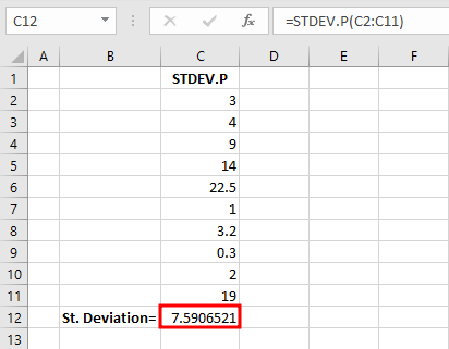 Example of population standard deviation with Excel. Source: uedufy.com