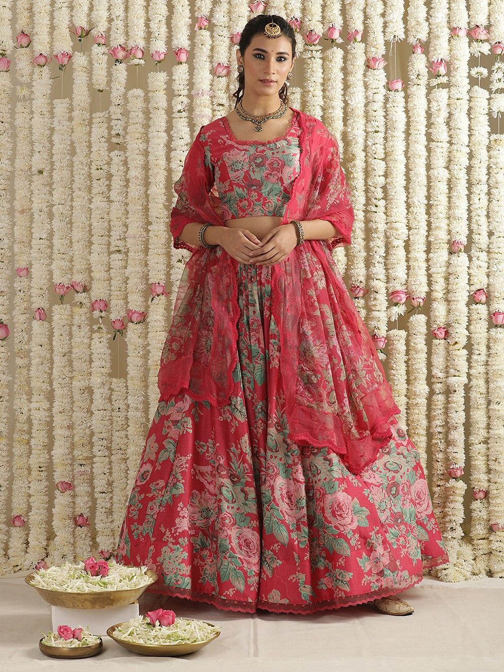 Buy pink floral printed chanderi lehenga  with organza dupatta