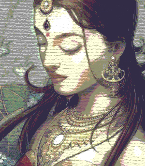 Parvati is depicted as a beautiful woman wearing a bindi and wearing heavy gold jewelry. 