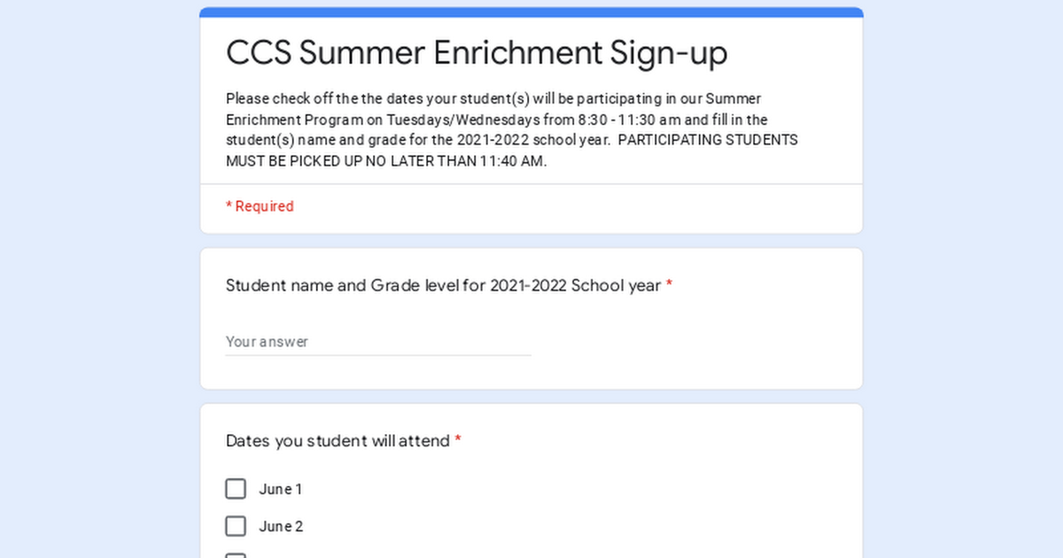 Elementary Summer Enrichment Sign-up
