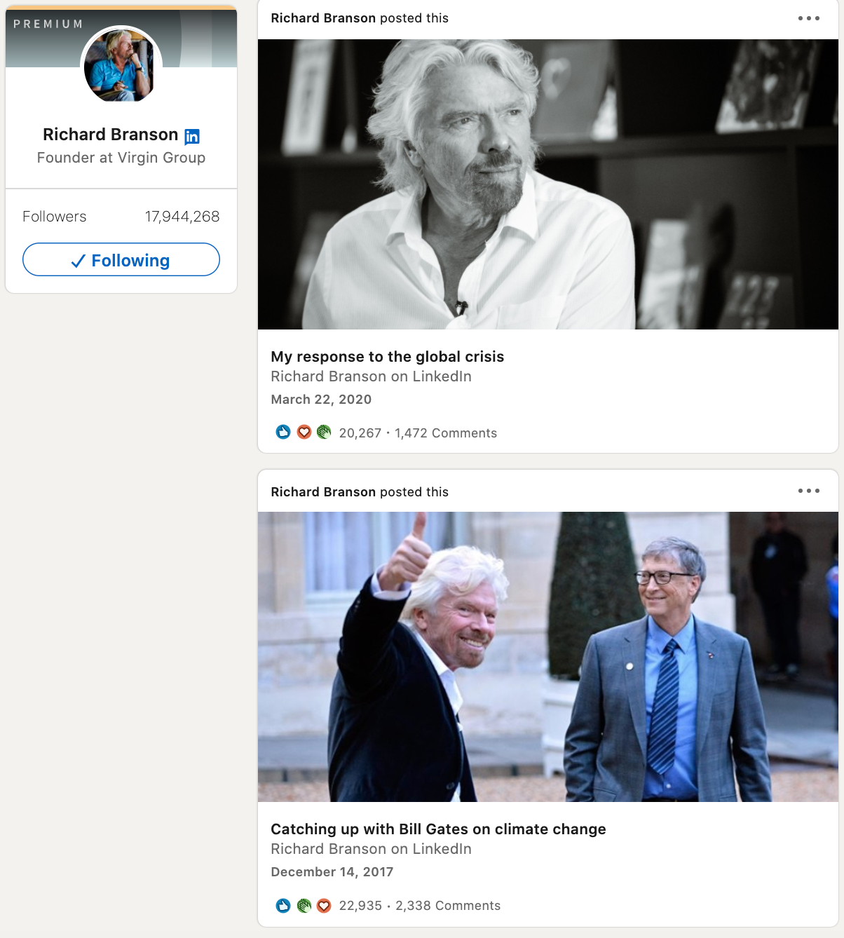 Richard Branson's LinkedIn page