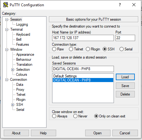 Janela do PuTTY com as configurações de nosso servidor