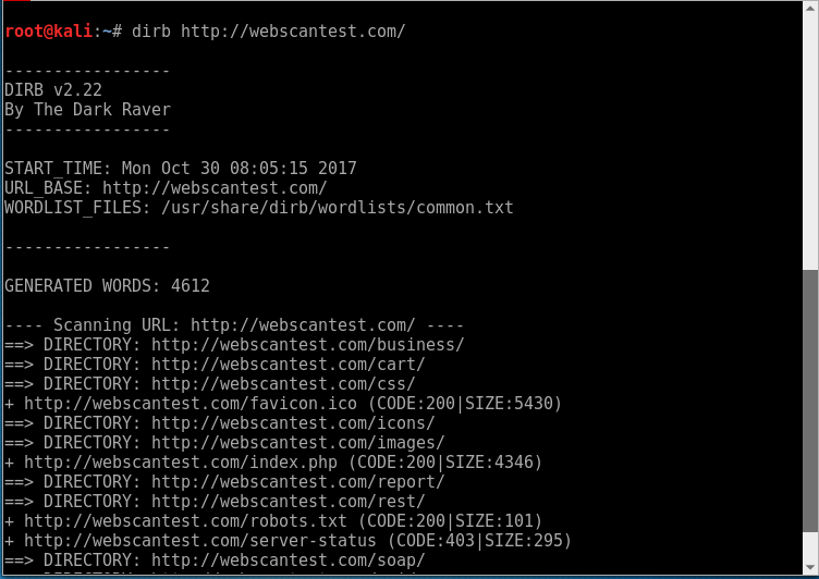 DIRB - это сканер веб-контента. Он ищет существующие (и/или скрытые) веб-объекты. Он в основном работает, запуская атаку на основе словаря на веб-сервер и анализируя ответ.