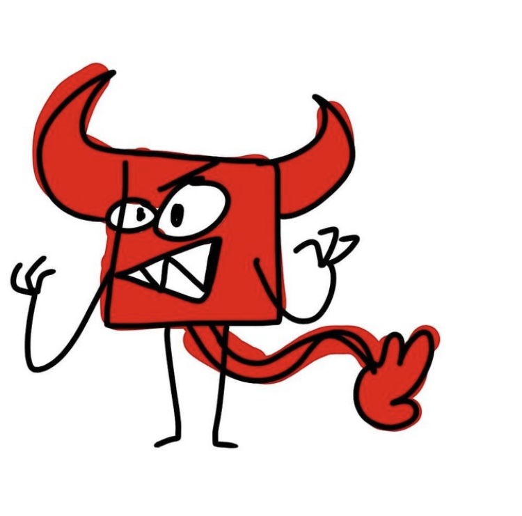 A drawing of a rectangle character who is red and has horns, claws, and sharp teeth, smiling menacingly. He also has a tail, slightly similar to that of a lion.