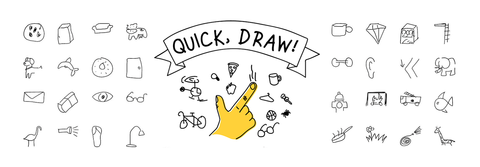 An illustration of some doodles from the dataset and the logo of Google's Quick Draw tool