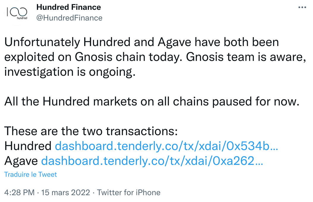 Agave et Hundred Finance averti leurs utilisateurs qu’une attaque était en cours. Suite à cette annonce, les protocoles ont tous 2 mis en pause leurs contrats afin de limiter les dégâts. 