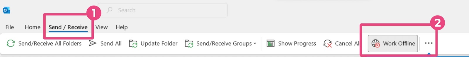 Navigating to the Send/Receive tab and click Work Offline