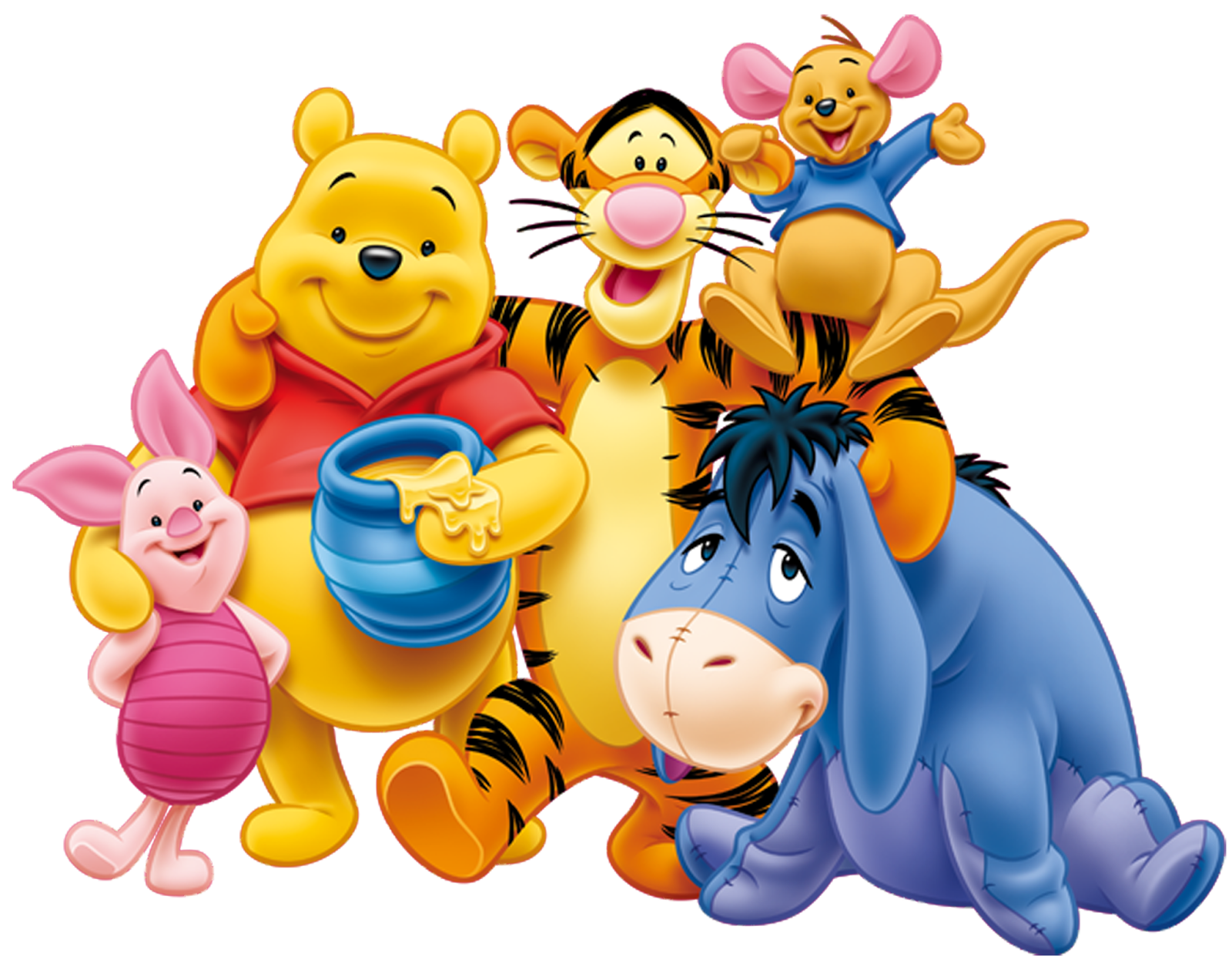 All the Winnie the Pooh characters in a group together.