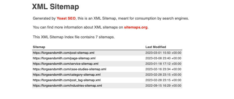 Screenshot showing the XML sitemap for forgeandsmith.com, generated by the Yoast SEO plugin. The XML sitemap is a list of folders that contain posts, pages, services, case studies, categories, tags, and industries. 