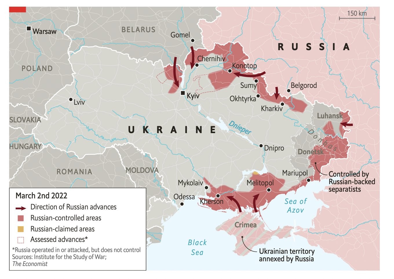 The Economist's map of the Russian invasion in Ukraine showing where troops are is partially incomplete and inaccurate. Map of Ukraine in war time.