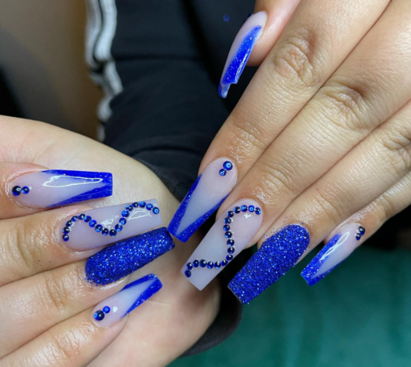 Blue Tinsel With Stoned Coral Nail Design