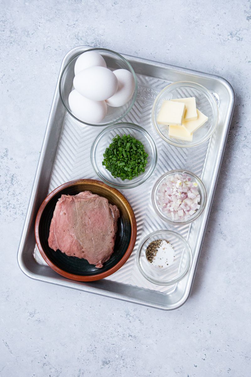 ingredients for making steak and scrambled eggs