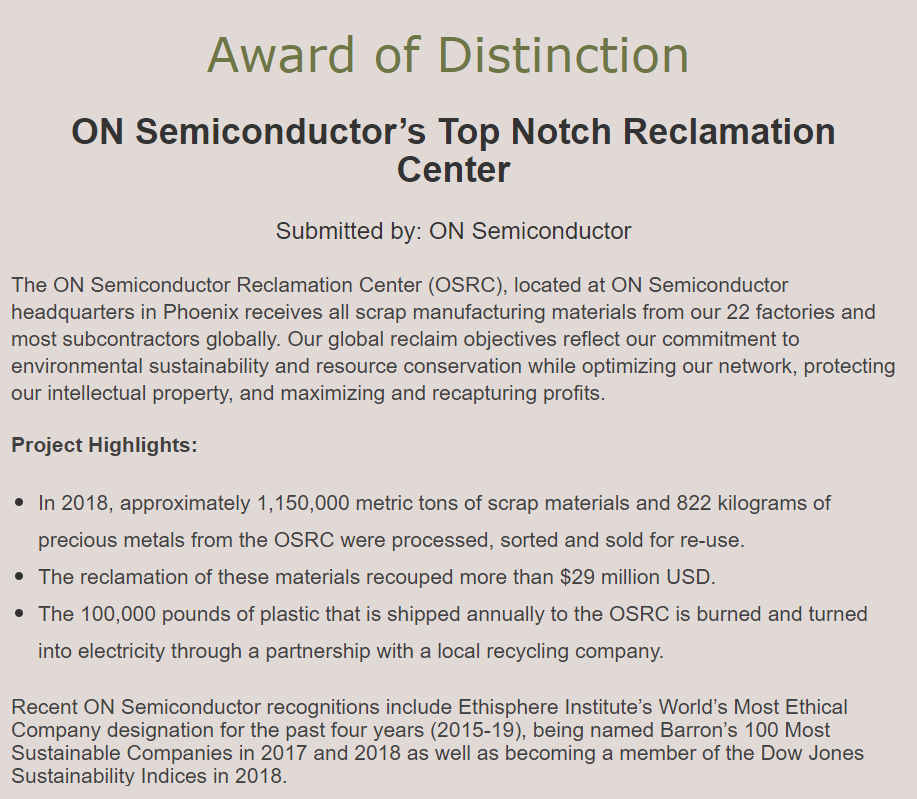 ON Semiconductor Recognized Sustainability Champion