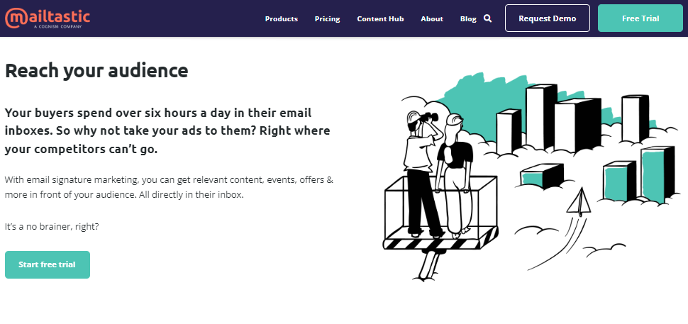 Image of sales platform, Mailtastic's homepage. The text reads reach your audience in bold. Your buyers spend over six hours a day in their email inboxes. So why not take your ads to them? Right where your competitors can't go.