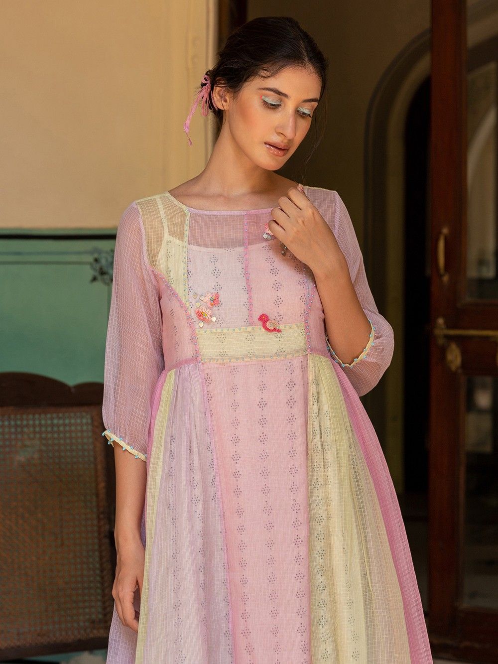 the loom - Pink Lilac Crochet Cotton Kota Doria Dress