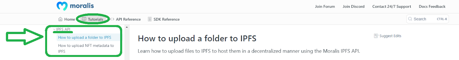 the ipfs api documentation page from moralis