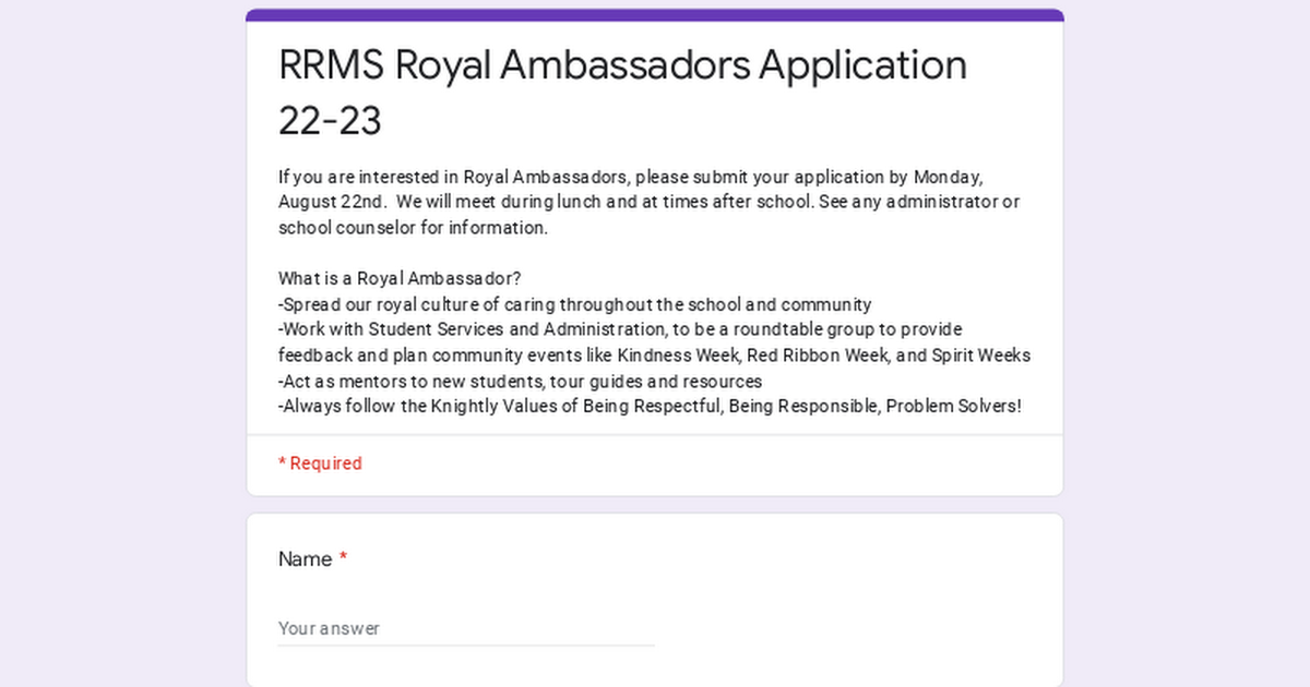 RRMS Royal Ambassadors Application 22-23