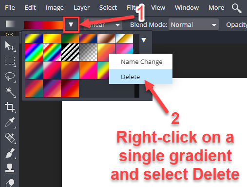 Right-click on a gradient and select Delete to remove it