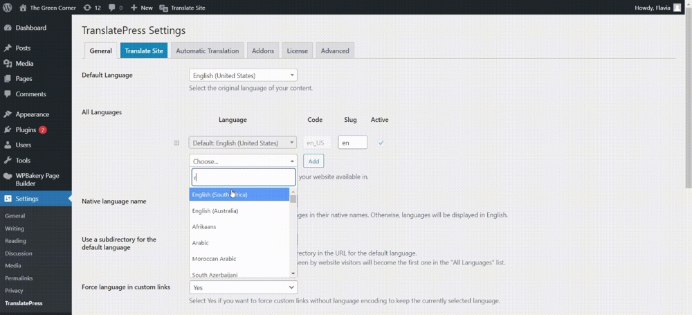 Adicionar idiomas ao TranslatePress