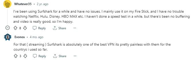 Positive comments about Surfshark on Reddit
