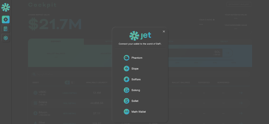 Jet Protocol wallet selection page