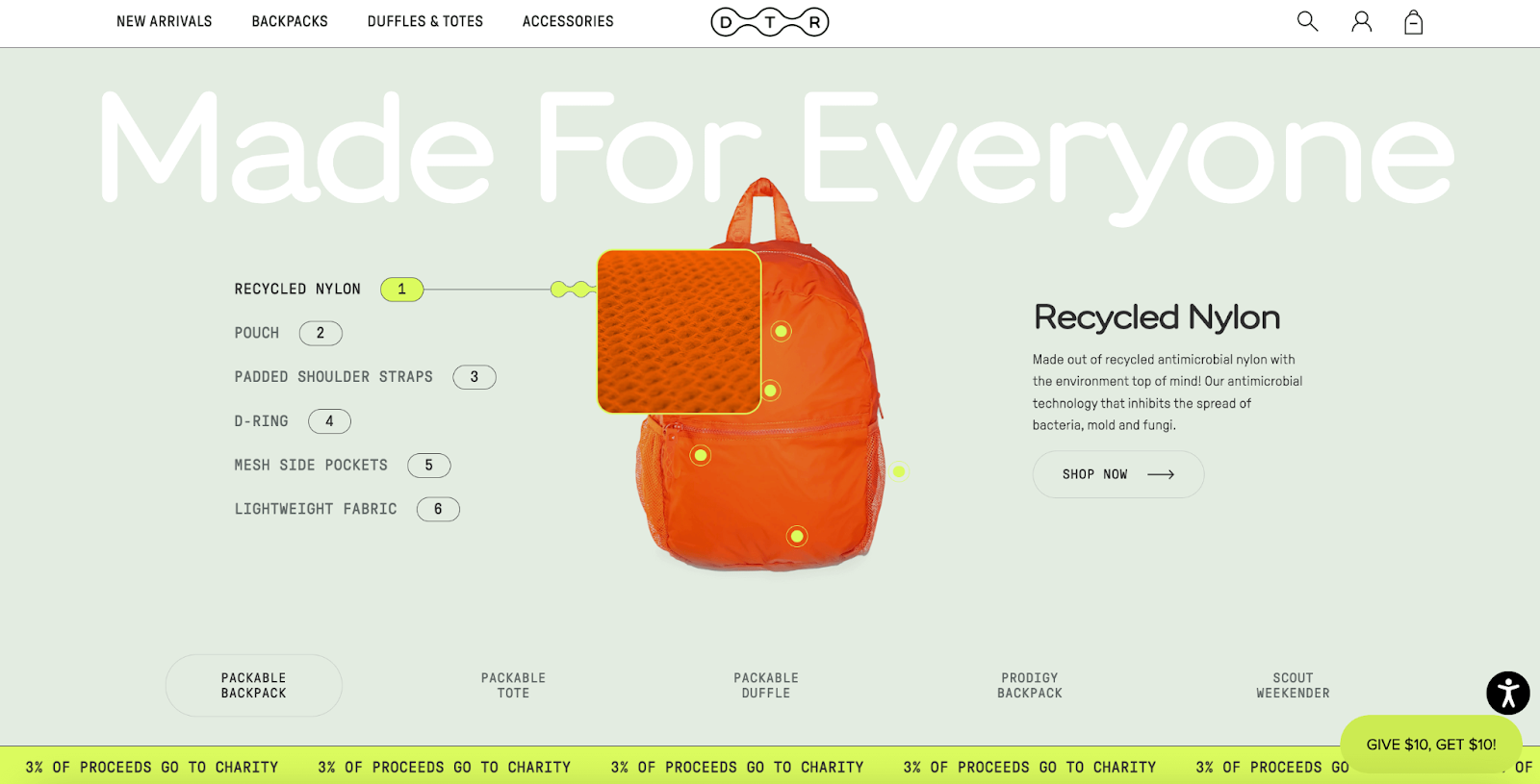 Support Black-owned businesses–A screenshot from Dare to Roam’s homepage showing their packable backpack. The title says, ‘Made for Everyone’. There is an image of an orange backpack with various specs highlighted on the product. 