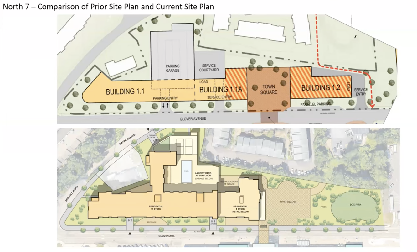 A graphic highlighting the differences between the original master plan and the current proposed Phase 1 for North Seven.