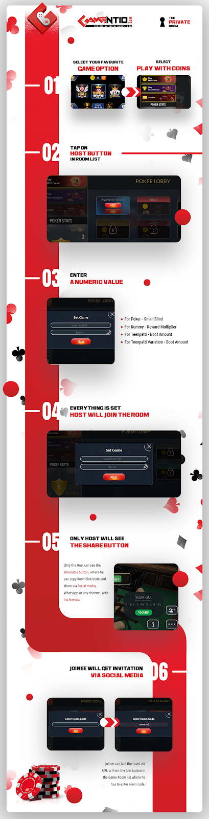 Quick steps to play teen-patti, rummy, poker in private rooms - Infographic