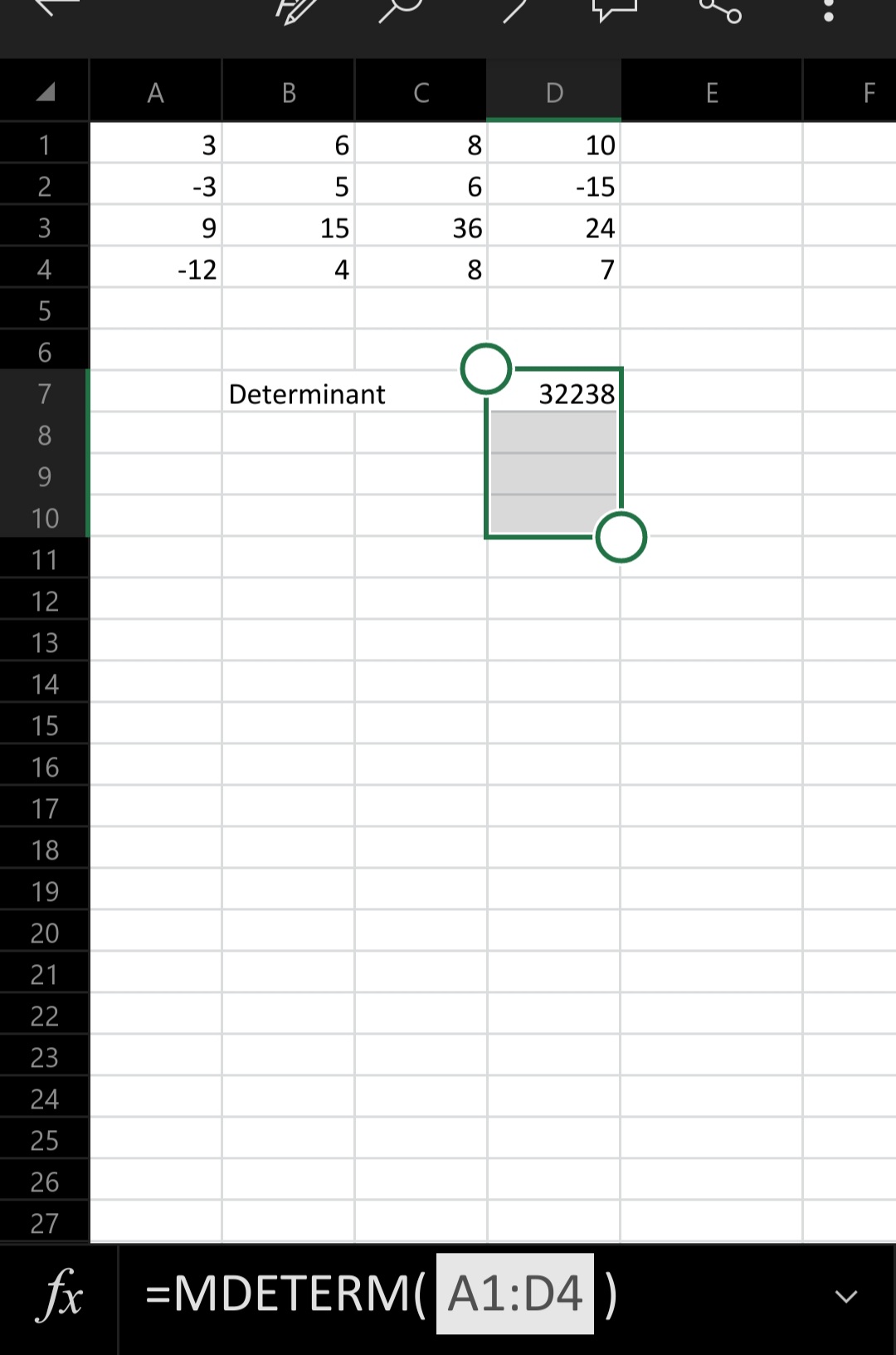 how to use the MDETERM function in Excel. Suppose you have a 4x4 matrix stored in A1 to C3 cells. To find the determinant, you can simply use the formula