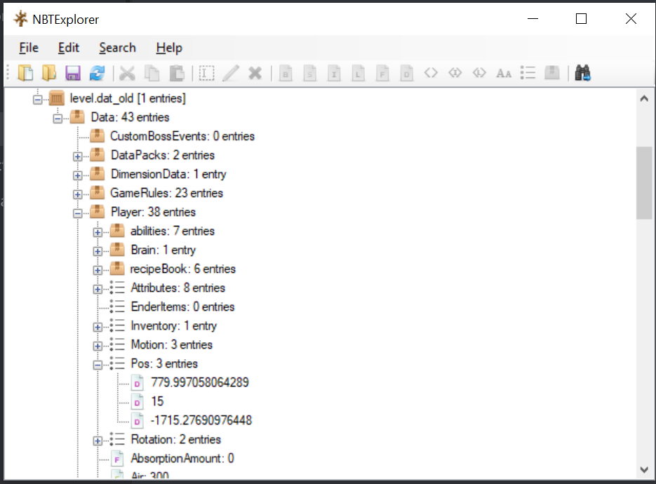 NBTExplorer showing a position in the backup world at 780, 15, -1715