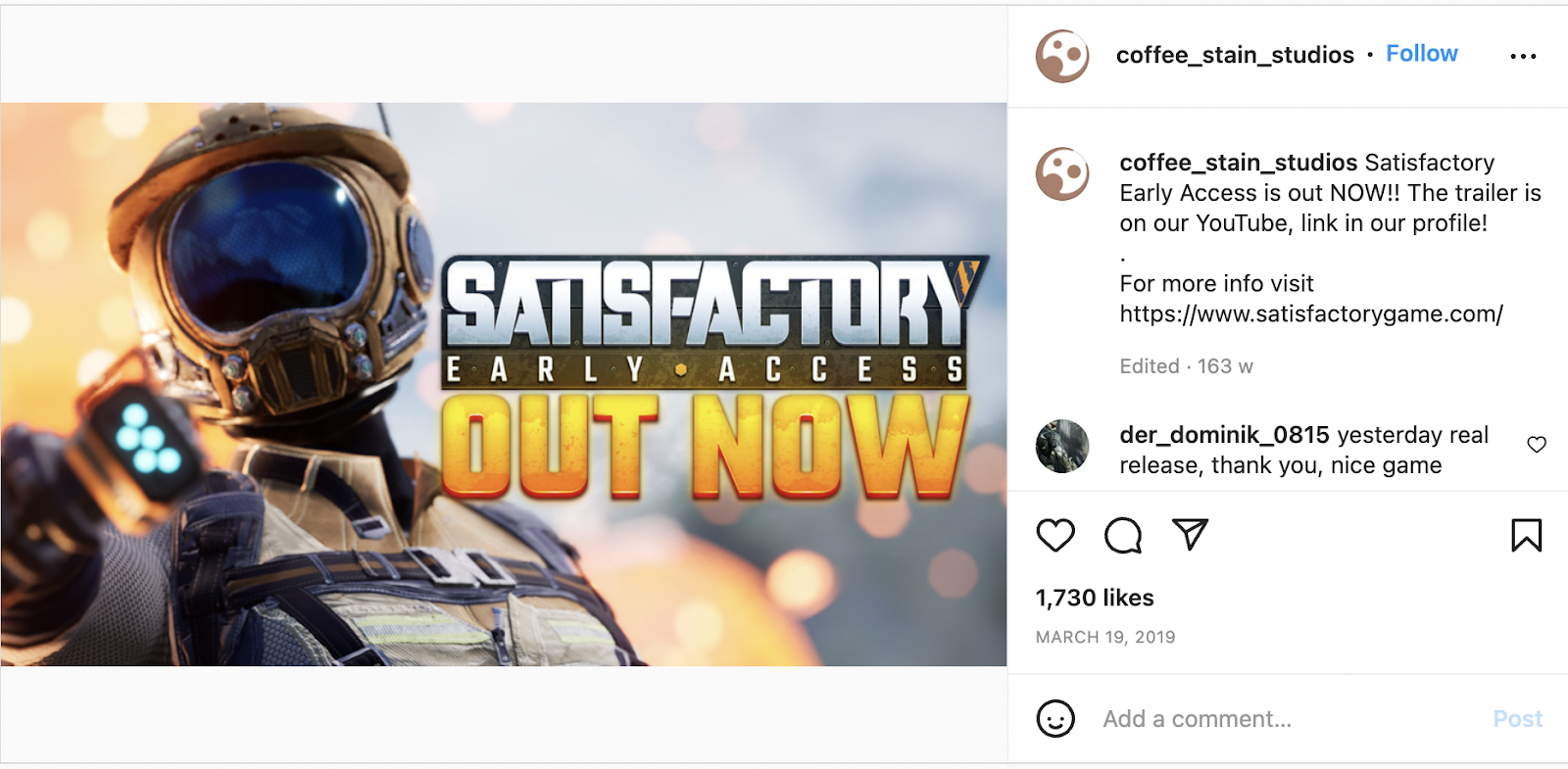 Early access social media post by Coffee Stain Studios