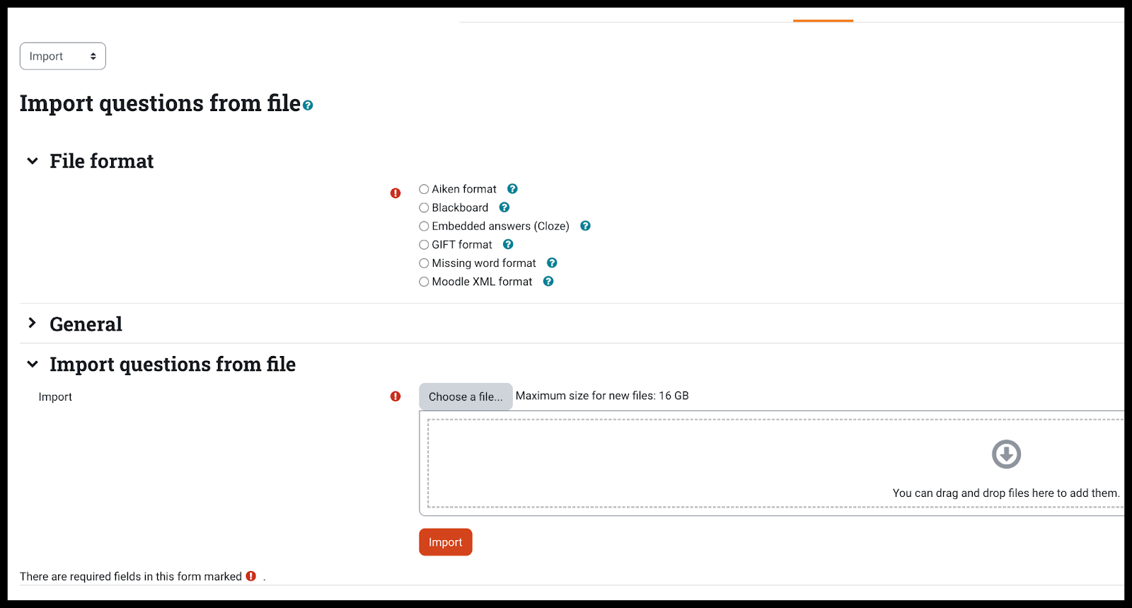 File format heading has Aiken format, Blackboard, Embedded answers (Cloze), GIFT format, Missing word format, Moodle XML format choices to select from