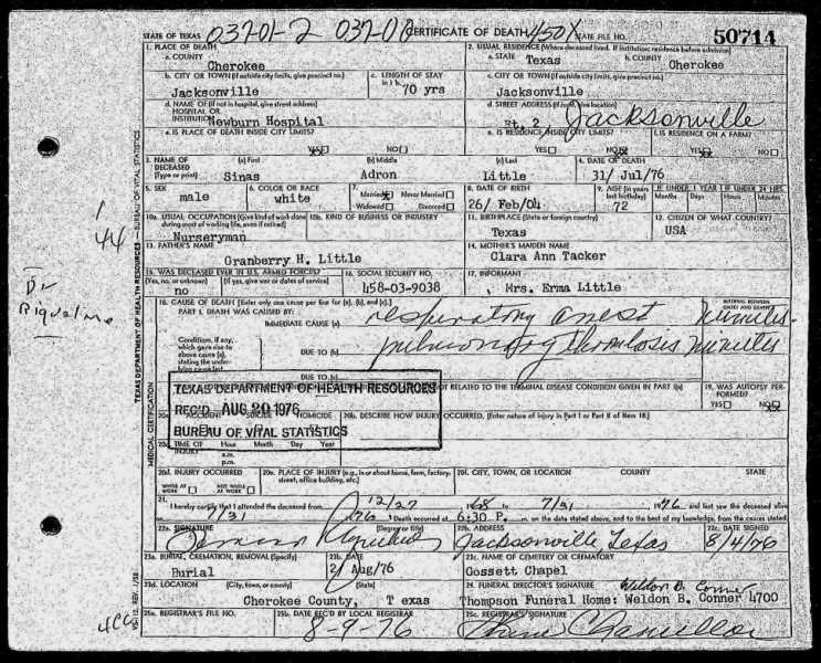 Sinas Adron Little death certificate