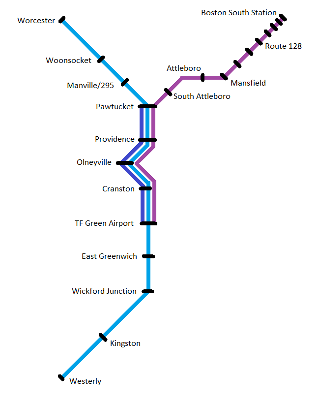 A simple diagram showing a commuter rail network for Rhode Island. In addition to the MBTA's Providence Line (running to TF Green Airport, with the under-construction station at Pawtucket now open), a light blue line runs from Worcester to Westerly, with intermediate stops at Woonsocket, Manville/295, Pawtucket, Providence, Olneyville, Cranston, TF Green Airport, East Greenwich, Wickford Junction, and Kingston. A dark blue line additionally runs between Pawtucket and TF Green, making all local stops.