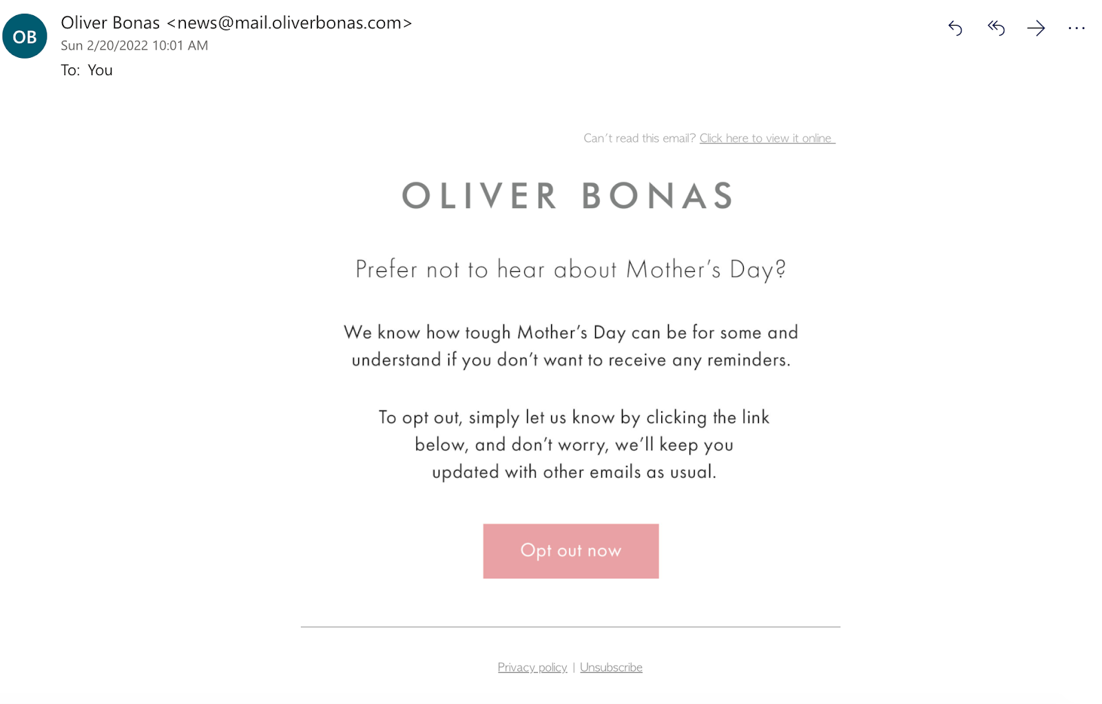 Screenshot of an email from Oliver Bonus allowing subscribers to opt out of Mother's Day marketing emails. 