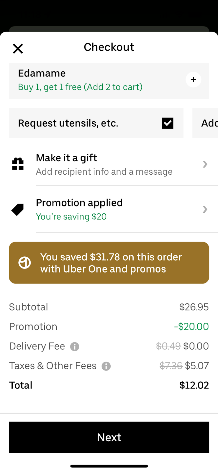 Screen shot from Uber app showing a $20 discount on a food order