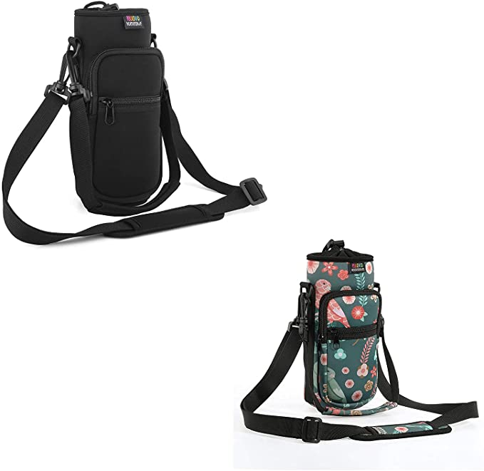 Nuovoware Water Bottle Carrier Bag, Bottle Pouch Holder, Adjustable Shoulder Hand Strap 2 Pocket Sling for Hiking, Sling Bottle Bag Case