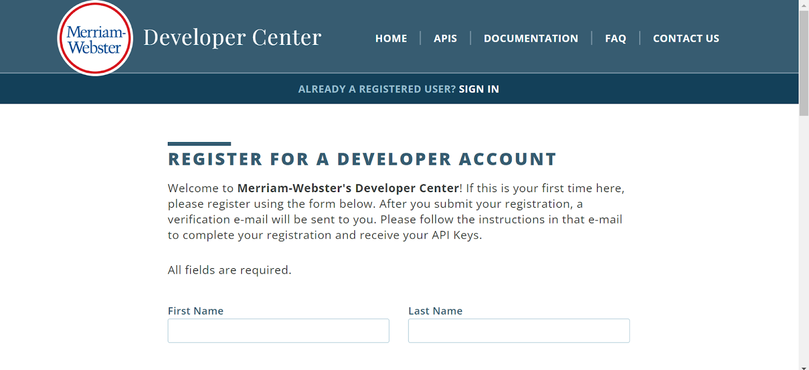 Image showing page to register for Merriam Webster Developer Center