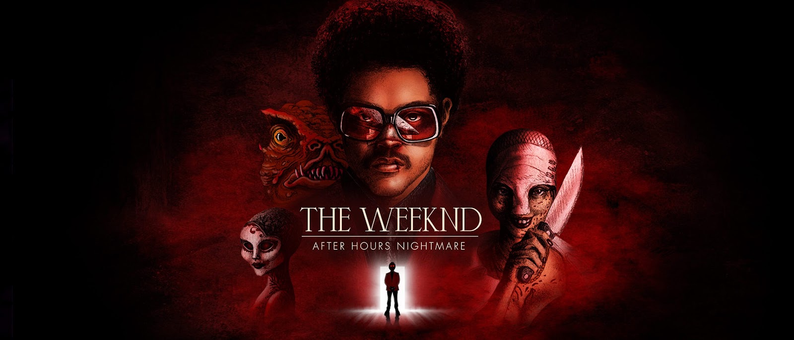 The Weeknd: After Hours Nightmare with the artist surrounded by demonic figures and a silhouette of himself in a doorway.
