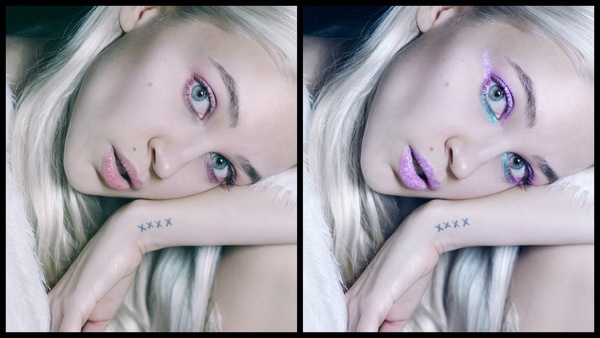 Montagem com 2 fotos da mesma mulher com o rosto apoiado no braço mostrando o antes e depois da edição.