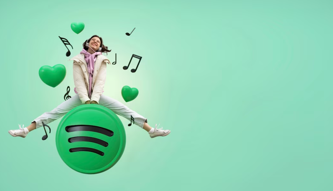 woman sits on spotify icon listening to music