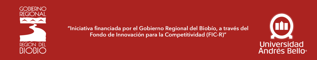 De izquierda a derecha: Logos GORE, texto “Iniciativa financiada por el Gobierno Regional del Biobío, a través del Fondo de Innovación para la Competitividad (FIC-R)”, y logo Universidad Andrés Bello.
