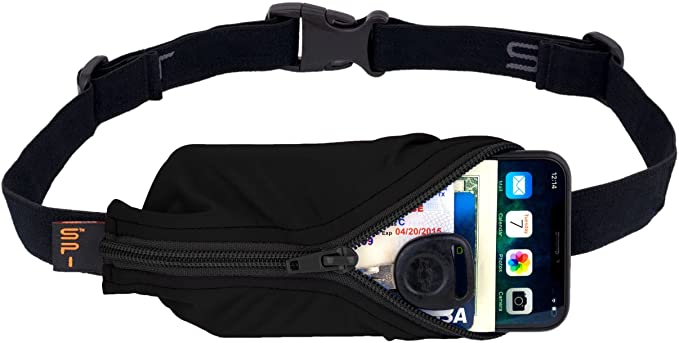 SPIbelt Large Pocket Belt for Adults, Expandable Pocket, Adjustable Waist, No Bounce, Black with Black Zipper